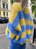 Fongt And Winter New Round-Necked Collar Sweater Knitted Jersey Lazy Loose Gradient Stripe Bump Top