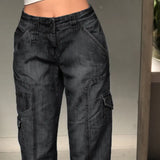 Women's Wear 2023 New Multi-Pocket Open Line Fashion Loose High-Waisted Jeans Casual Straight Trousers Summer-Outfit