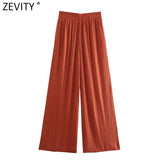 Women Fashion Solid Color Pleats Wide Leg Pants Female Chic Elastic Waist Side Pockets Casual Summer Long Trousers