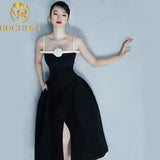 Vintage Elegant Luxury Crystal Party Black A Line Summer Strap Fashion Dresses Women Lady Street Chic Midi Elbise