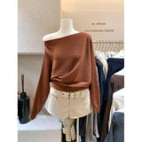 Fongt Irregular Collared Strap Bat Sleeve Knitted Shirt Women Early Autumn High-Level Feeling Unique To Super-Good-Looking Top