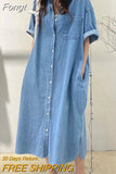 Women Summer Dress 2023 Loose Casual Denim Midi Skirt Single Breasted Cardigan Skirt Temperament Simple