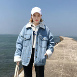2023 Autumn / Winter New Net Red Retro Lamb Wool Denim Jacket Female Loose Lapel And Velvet And Thick Cotton Clothes And Padded Clothes-Outfit