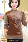 Autumn Winter Middle-aged Women Knit Sweater Print Pullover Turtlenecks Fleece Liner Warm Tops Mother Sweaters Base