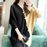 Button Solid Color Spliced Sweaters Casual Autumn Irregular Fashion Batwing Sleeve Loose Knitted Jumpers Women's Clothing-Outfit