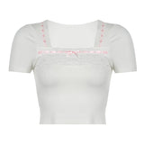 And Lively Girl Series Square Collar Wearing Lace Lace Spliced White Short-Sleeved T-Shirt 2024 New Style In Early Spring-Outfit
