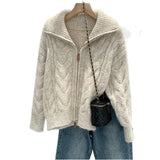 Fongt Version Of Double Zippered Strand Sweater Coat Women's 2025 Winter Design Sense Of The Collar Plus Thick Long-Sleeved Knitted Open Shirt