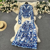 New Advanced Casual Women's Elastic Long Sleeve Pleated Top+High Waist Pleated Half Skirt Printed Skirt 2-piece Set-Outfit