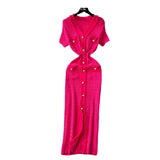 Fongt Little Scent Retro V-Neck Metal Single-D Row Buckle Slimming Temperament Knitted Dress Spring