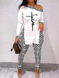Collar Pullover Top Slim Fit Pants Suit Elegant Women Printed Long Sleeve Pant Suit Female Streetwear Vintage Two Piece
