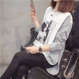 Striped Patchwork Split Shirt Korean Loose Spring Autumn Long Sleeve Female Clothing Casual Printed Round Neck Blouse-Outfit