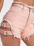Fongt Trendy Hottie Sexy Retro Hairy Side On Both Sides Of The Hollow Can Adjust Denim Super Shorts Hot Pants