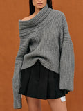 Fongt 2024 New Fashion Trend Irregular One Word Collar Design Sense Loose Casual Sweater Long Sleeved Sweater-Outfit