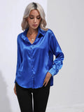 New Loose Long-Sleeved Blouse Simple V-Neck Cardigan Shirt Button Blouse Solid Color-Outfit