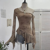 Fongt Tie Net Yarn Oblique Shoulder Babes Sexy Body-On-Sleeve Horn Irregular Top 9955
