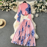 New Advanced Casual Women's Elastic Long Sleeve Pleated Top+High Waist Pleated Half Skirt Printed Skirt 2-piece Set-Outfit