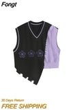 Women's Patchwork Sweater Knitted Vests Loose Casual Female Hip Hop Gothic Streetwear Harajuku Vintage Trendy Asymmetry