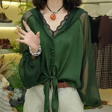 Hooded Bandage Blouse Women's Clothing Casual Loose Solid Color Spring Summer Thin Commute Single-breasted Loose Shirt-Outfit