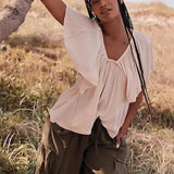 Fongt Summer New Lazy Linen Texture Round Collar Shirt Loose Thin Comfortable Sunscreen Top
