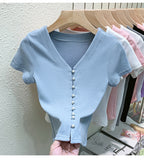 T Shirts Women V-Neck Pearl Buttons Cropped Tshirt Tee Lady Solid Slim Cardigan Crop Top for Female-Outfit