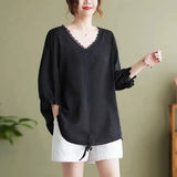 Solid Color Loose T-shirt Petal Sleeve Spring Summer New Women's Clothing All-match Lace Spliced Elegant V-Neck Pullovers-Outfit