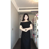 Fongt Pure Desire Short Sleeves Slanted Shoulder Fork Dress Temperament Slimmed Fashion Temperament Shoulder Long Skirt