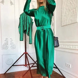 Vintage Sashes Satin Slim Mid Dress Long Sleeve Solid O Neck A Line Simple Casual Dress 2020 Early Winter New Women
