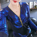 Slim Stylish Zipper Pullovers Sexy V-Neck Cut Out Spring Autumn Long Sleeve Folds Female Solid Color Bright Silk T-shirt-Outfit