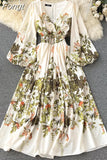 Autumn Elegant Long Dress Women A Line Slim Long Sleeve V Neck Floral Dresses Ladies Vintage Party Long Robe