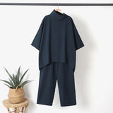 2pcs Women Trouser Suits Spring Fashion Solid Urban Tracksuit Matching Sets Trutleneck 3/4 Sleeve Blouse Harem Pants