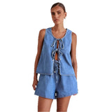 Fongt Summer Fashion Casual Sleeveless With High-Rise Women's Vests Denim Set Shorts