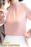 Women's Blouse Silk Tops for Women Solid Embroidered Long Lantern Sleeve Top Stand Neck Clothing Female 2023 Basic