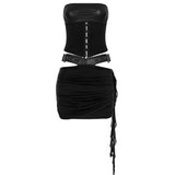 Fongt Leather Suit PU Leather Splicing Waist Tsets Hollow Folding Net Lace-Uped Ass Skirt