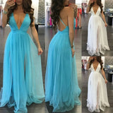 Women's Lace Long Formal Wedding Sleeveless Deep V Neck Evening Ball Gown Party Prom Bridesmaid