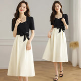 Fongt Collar Splicing Dress Women 2025 Summer Dress New Fashion Temperament Thin Design Small Bubble Sleeve Long Dress
