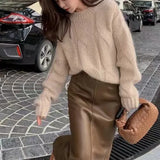 Twist Sweater Women's Winter Korean Gentle Blouse Long Sleeves Loose Thin Round Neck Pullover Knitted Bottom Sweater-Outfit