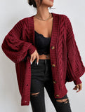 Fongt V-Neck Solid-Colored Open-Shirt Autumn And Winter Lazy Lantern Sleeve Loose Single-Caught Sweater Coat Woman