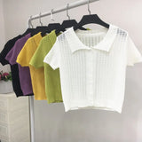 Sweater Women's 2024 Summer Korean Version Of Single-Breasted Polo Collar Knitted T-Shirt Short Style Short-Sleeved Blouse-Outfit