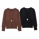 Fongt Temperament Metal Button Knitted Cardigan 2025 Spring Long Sleeve V Collar Short Coat Woman