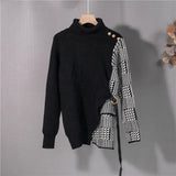 New 2021 Women Autumn Winter Sweaters Checkered Patchwork Elegant Lace Up Turtleneck Fashionable Retro Tops