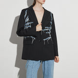 Fongt Hipster Fall 2024 New Suit Collar Irregular Jeans Splicing Tassel Suit Jacket Female-Outfit