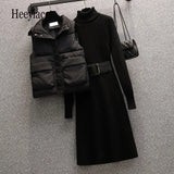 Autumn Winter Warm Knitted Turtleneck Sweater Dresses And Thick Vest Suits For Women Elegant Two Pieces
