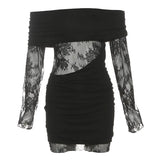 Fongt Women's Clothing 2025 Autumn New French Temperament Word Shoulder Long-Sleeved Lace Hollow Bagged Hip Dress