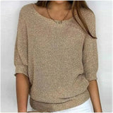 Fongt New Solid Color Round Knit Shirt Women Commuting Elegant Seven-Sleeve Top Air-Conditioning Shirt