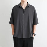 Men's Summer Loose Thin Ice Silk Short-Sleeved White Five-Sleeve Shirt Youth Breathable Cardigan Half-Sleeved Shirt-Outfit