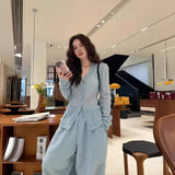 Fongt Blue V-Neck Lace Lace Inside The Bottom Shirt Women 2025 Spring And Autumn New Sweater Knitted Open Shirt