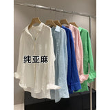 Fongt White Linen Shirt Women's Summer Thin Loose Temperament Old Money Cotton Linen Shirt Sunscreen Top