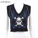 Dark Skull Printed Gothic Women Sweater Vests Grunge Punk Aesthetic Argyle Knitted Winter Cropped Tops Emo Fall Alt