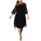 Fongt Women's Lace Splicing Seven-Sleeve Irregularly Sleeves Chiffon Dress Women