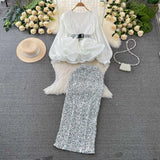 Fongt Suit Female Temperament Lantern Long Sleeve V Collar Lotus Leaf Swing Bright Shirt Female High-Waist Lysic Half Skirt